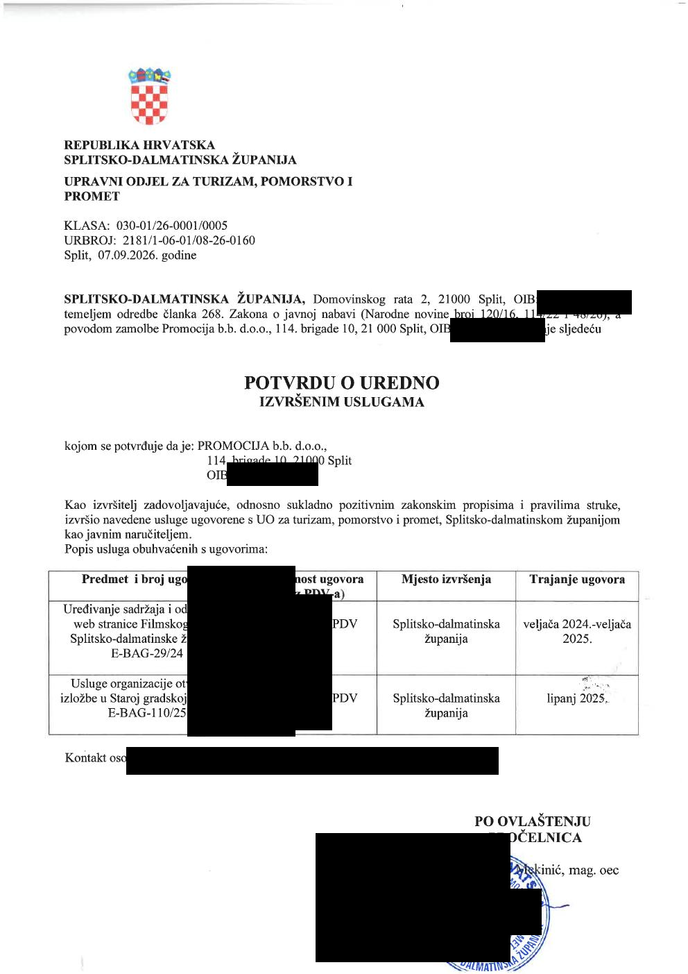 Redigirana potvrda Splitsko-dalmatinske županije za Filmski ured i izložbu
